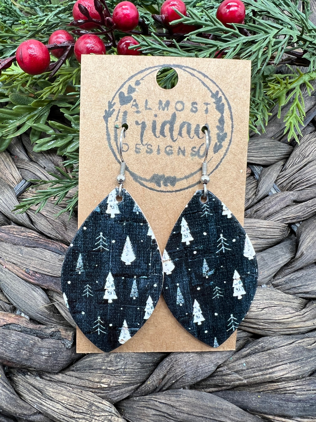 Genuine Leather Earrings - Leaf Cut - Christmas Tree - Christmas Tree Earrings - Black - White - Christmas Earrings - Statement Earrings