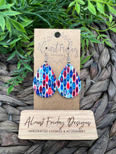 Load image into Gallery viewer, Genuine Leather Earrings - Red - Blue - Patriotic Earrings - Oval Design - Stars and Stripes - 4th of July - Teardrop - Independence Day - USA - Olympics - Statement Earrings
