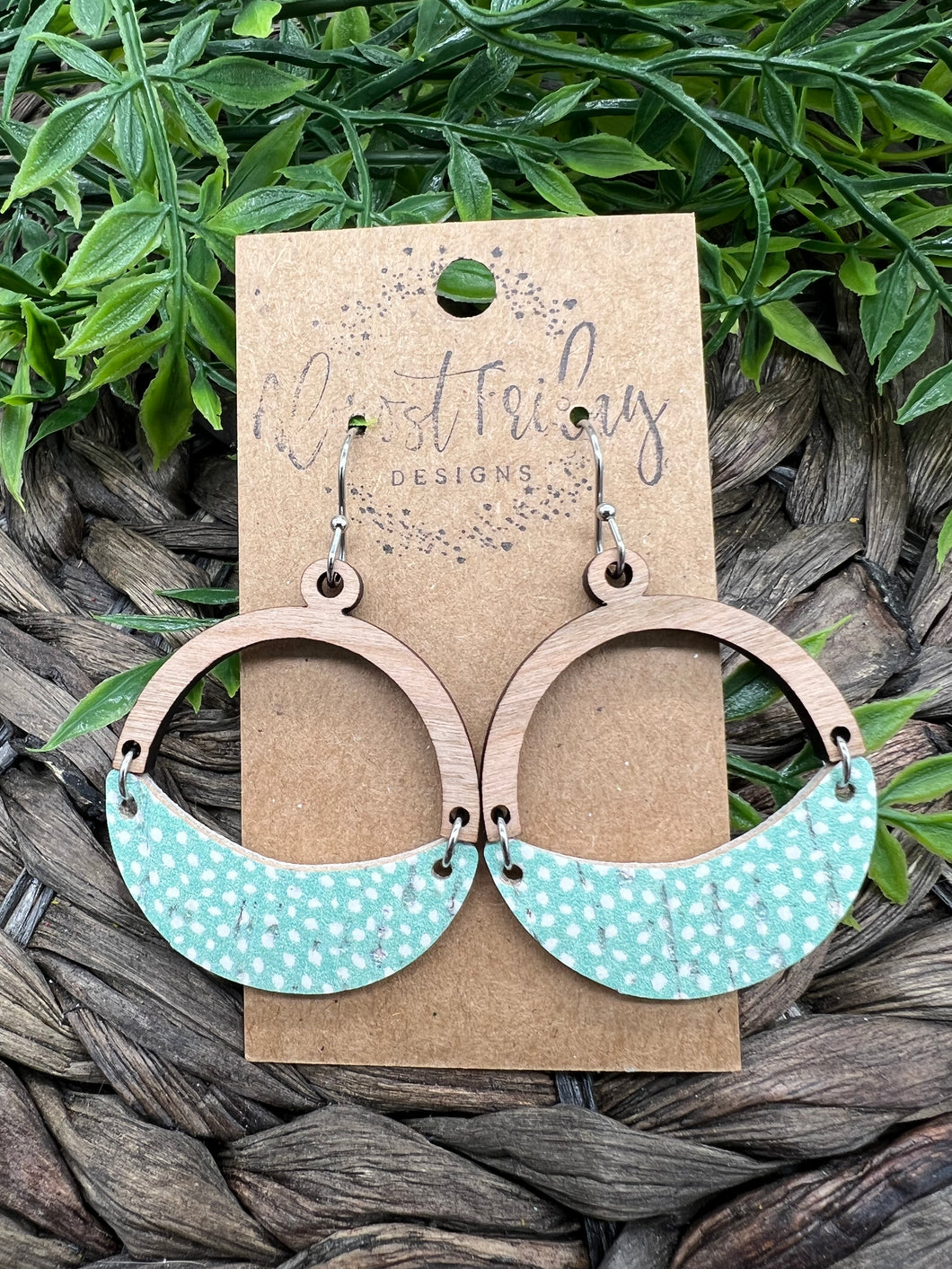 Genuine Leather Earrings - Wood Earrings - Mint - White - Crescent - Spots - Circle Earrings - Statement Earrings - Neutral Earring