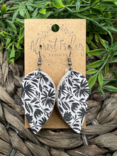 Load image into Gallery viewer, Genuine Leather Earrings - Black - White - Floral - Flowers - Leaf Cut - Pinched Leaf - Cut Out - Statement Earrings - Neutral
