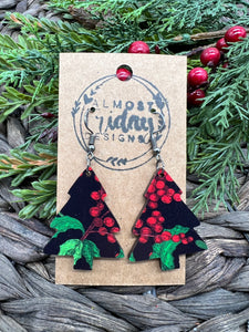 Wood Earrings - Christmas Tree - Christmas Tree Earrings - Poinsettia - Holly - Christmas - Statement Earrings - Black - Red - White - Green