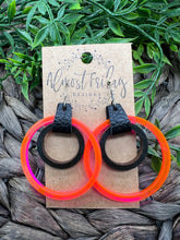 Load image into Gallery viewer, Wood Earrings - Genuine Leather - Acrylic - Neon - Pink - Natural Wood - Hoop Earrings - Hoops - Black and Pink - Statement Earrings
