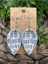 Load image into Gallery viewer, Genuine Leather Earrings - Blue - White - Leaf Cut - Dashes - Lined Design - Pinched Leaf - Cut Out - Statement Earrings - Boho
