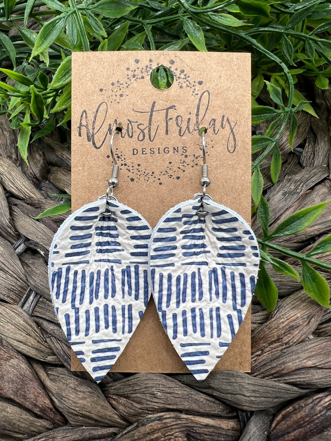 Genuine Leather Earrings - Blue - White - Leaf Cut - Dashes - Lined Design - Pinched Leaf - Cut Out - Statement Earrings - Boho