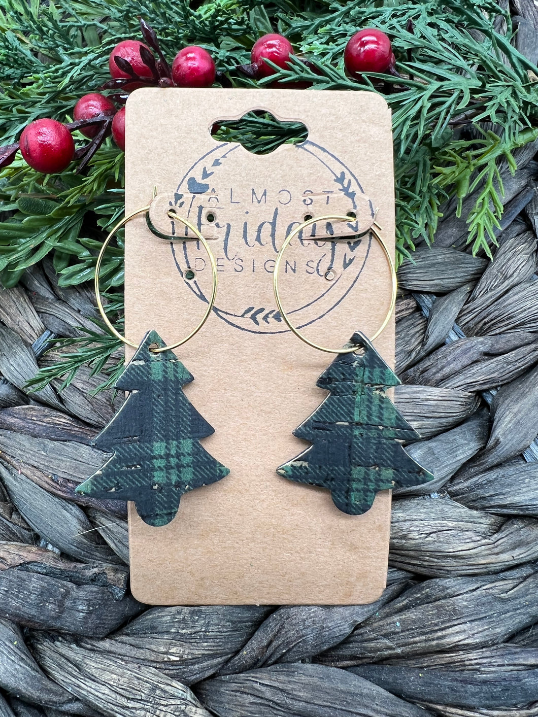 Genuine Leather Earrings - Christmas Trees - Christmas - Statement Earrings - Plaid - Green - Black - Gold - Hoop Earrings