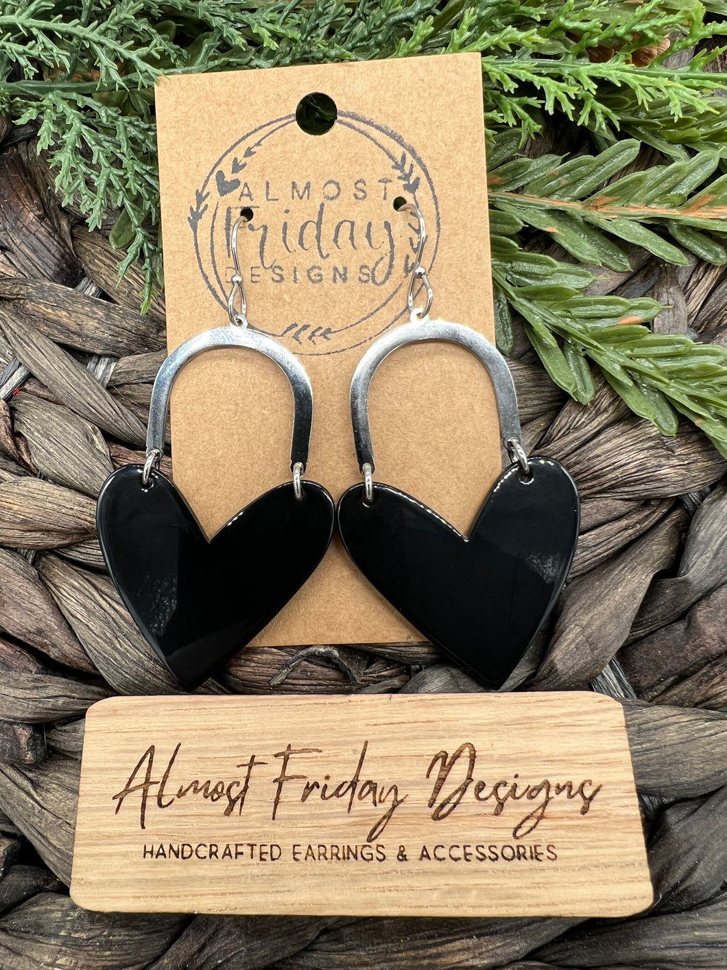 Acrylic Earrings - Hearts - Black - Valentine's Day - Metal Arches - Heart Earrings - Arch Earrings - Dangles