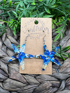 Acrylic Earrings - Blue - White - Gold - Starfish - Beach Earrings - Summer - Statement Earrings - Marbled Earrings