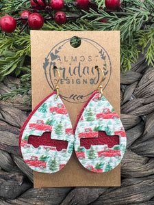 Genuine Leather Earrings - Christmas Earrings - Red Truck - Christmas Trees - Winter - Cut Out Earrings - Merry Earrings - Statement Earrings - Red - Green - White - Layered Earrings