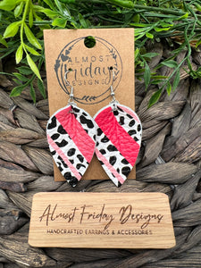Genuine Leather Earrings - Pinched Leaf - Pink - White - Black - Valentine's Day - Animal Print - Leopard Leather - Heart Earrings