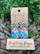 Load image into Gallery viewer, Genuine Leather Earrings - Wood Earrings - Pineapple Earrings - Pink - Green - Blue - Tropical - Flowers - Floral Design - Textured Leather - Summer Earrings - Statement Earrings
