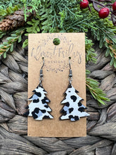 Load image into Gallery viewer, Wood Earrings - Christmas Tree - Christmas Tree Earrings - Snow Leopard Print - Leopard Earrings - Statement Earrings - Animal Print
