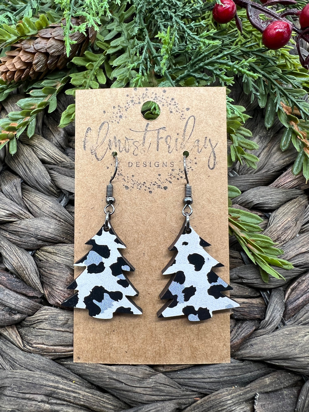 Wood Earrings - Christmas Tree - Christmas Tree Earrings - Snow Leopard Print - Leopard Earrings - Statement Earrings - Animal Print