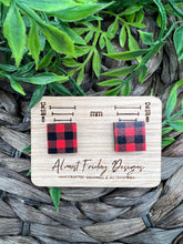 Load image into Gallery viewer, Wood Earrings - Square - Stud Earrings - Buffalo Check - Fall Earrings - Studs - Black and Red - Plaid
