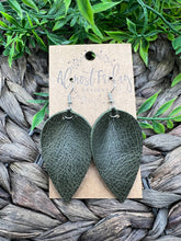 Load image into Gallery viewer, Genuine Leather Earrings - Olive - Leaf Cut - Pinched Leaf - Cut Out - Statement Earrings - Neutral

