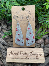 Load image into Gallery viewer, Genuine Leather Earrings - Long Triangle - Red - Metallic - Patriotic Earrings - Silver Glitter - Stars - 4th of July - Independence Day - USA - Olympics - Statement Earrings

