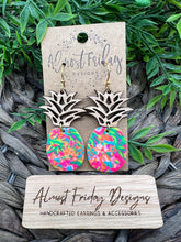Load image into Gallery viewer, Genuine Leather Earrings - Wood Earrings - Pineapple Earrings - Pink - Green - Blue - Orange - Tropical - Flowers - Floral Design - Textured Leather - Summer Earrings - Statement Earrings

