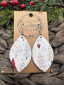 Genuine Leather Earrings - Leaf Cut - Christmas Tree - Christmas Tree Earrings - Red - White - Gray - Statement Earrings
