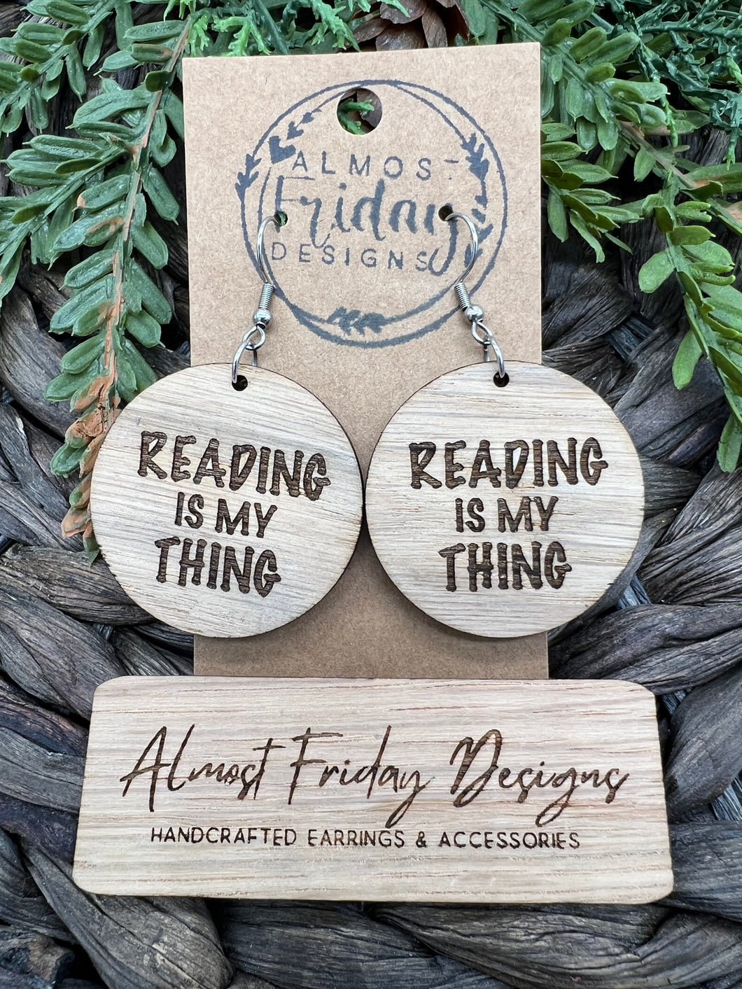 Wood Earrings - Circle - Round - Reading is My Thing - Educational - Teacher Earrings - - Reading - Statement Earrings - Round - Walnut