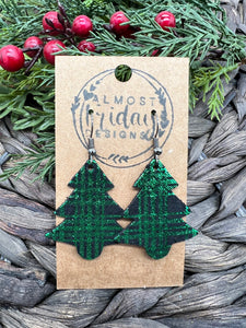 Genuine Leather Earrings - Christmas Tree - Plaid - Statement Earrings - Metallic Leather - Black - Green - Textured Leather