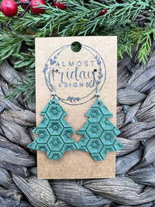 Genuine Leather Earrings - Christmas Trees - Christmas Earrings - Honeycomb - Winter - Green - Textured Leather - Statement Earrings