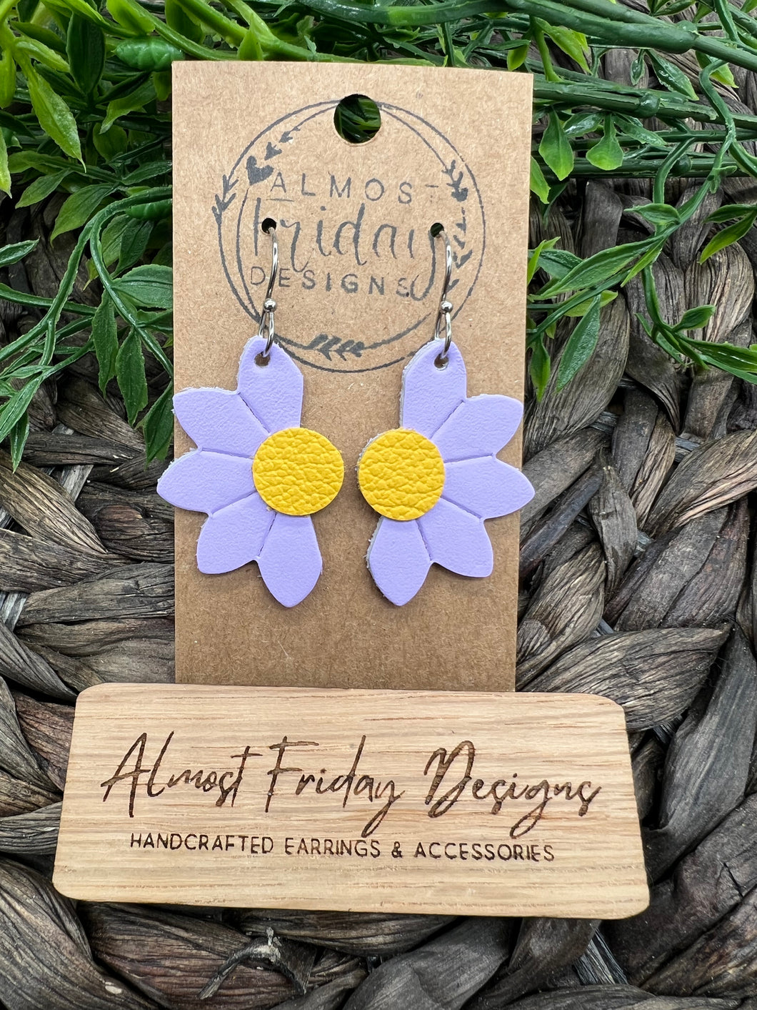Genuine Leather Earrings - Embossed Daisy - Daisies - Floral - Yellow - Lilac - Purple - Flowers - Summer Earrings - Statement Earrings - Spring - Vertical - Mustard