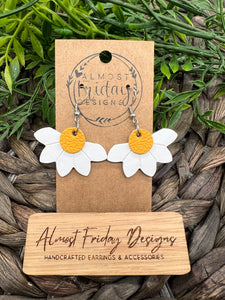 Genuine Leather Earrings - Embossed Daisy - Daisies - Floral - Yellow - White - Flowers - Summer Earrings - Statement Earrings - Spring - Horizontal - Mustard