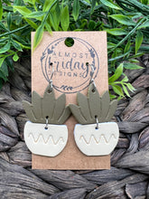Load image into Gallery viewer, Genuine Leather Earrings - Embossed Earrings - Succulents - Plants - Olive - Ivory - Statement Earrings
