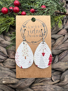Genuine Leather Earrings - Teardrop - Christmas Tree - Christmas Tree Earrings - Red - White - Gray - Statement Earrings