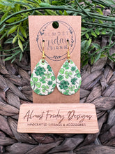 Load image into Gallery viewer, Genuine Leather Earrings - Teardrop - Saint Patrick&#39;s Day - Green - White - Three Leaf Clovers - Clovers - Shamrocks - Statement Earrings - Four Leaf Clovers
