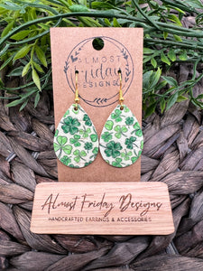 Genuine Leather Earrings - Teardrop - Saint Patrick's Day - Green - White - Three Leaf Clovers - Clovers - Shamrocks - Statement Earrings - Four Leaf Clovers
