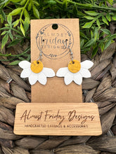 Load image into Gallery viewer, Genuine Leather Earrings - Embossed Daisy - Daisies - Floral - Yellow - White - Flowers - Summer Earrings - Statement Earrings - Spring - Horizontal - Cork Leather
