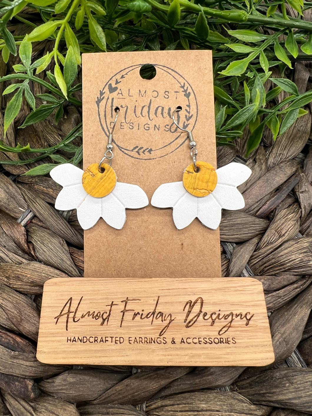 Genuine Leather Earrings - Embossed Daisy - Daisies - Floral - Yellow - White - Flowers - Summer Earrings - Statement Earrings - Spring - Horizontal - Cork Leather