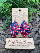 Load image into Gallery viewer, Genuine Leather Earrings - Red - Blue - Patriotic Earrings - Tie Dye - 4th of July - Leaf Cut - Independence Day - USA - Olympics
