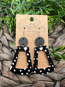 Genuine Leather Earrings - Wood - Neutral - Rectangle Cut Out - Black - White - Spots - Dalmatian - Spotted - Statement Earrings