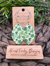 Load image into Gallery viewer, Genuine Leather Earrings - Leaf Cut - Saint Patrick&#39;s Day - Green - White - Three Leaf Clovers - Clovers - Shamrocks - Statement Earrings - Four Leaf Clovers
