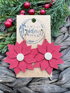 Genuine Leather Earrings - Poinsettia - Flower - Christmas Earrings - Poinsettia Earrings - Red - Christmas - Statement Earrings - Textured Leather
