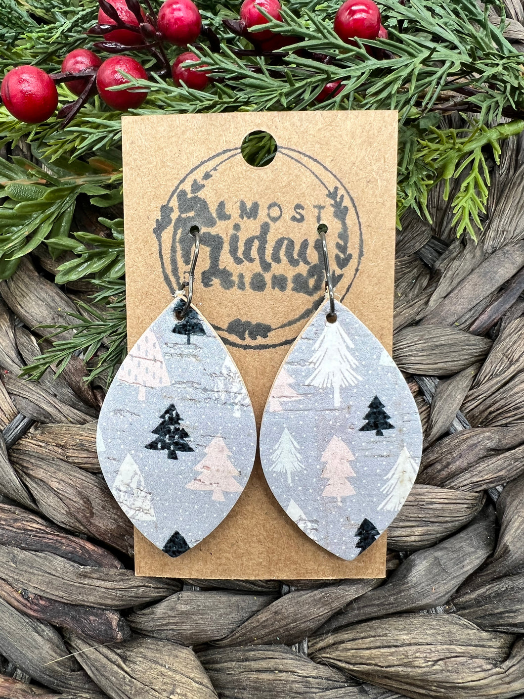 Genuine Leather Earrings - Christmas Trees - Christmas Earrings - Winter - Leaf Cut - Vintage - Holiday Earrings - Statement Earrings