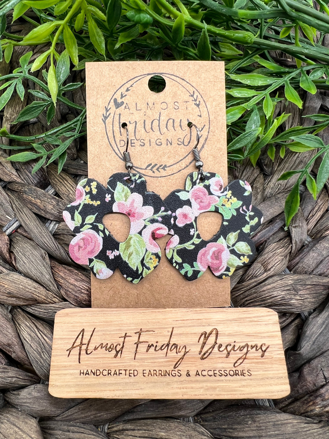 Genuine Leather Earrings - Spring Flowers - Modern Flower - Floral - Roses - Pansy - Black - Pink - Green - Spring - Summer - Statement Earrings