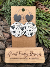 Load image into Gallery viewer, Genuine Leather Earrings - Round - Stud Post Earring - Black and White - Heart Earrings - Statement Earrings - Heart - Heart Connectors - Acrylic and Genuine Leather - Stud Posts
