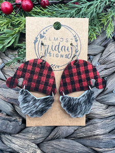 Genuine Leather Earrings - Christmas Earrings - Santa - Santa Claus - Winter - Cut Out Earrings - Red - Black - White - Gary - Hair On Leather - Buffalo Check - Plaid - Statement Earrings