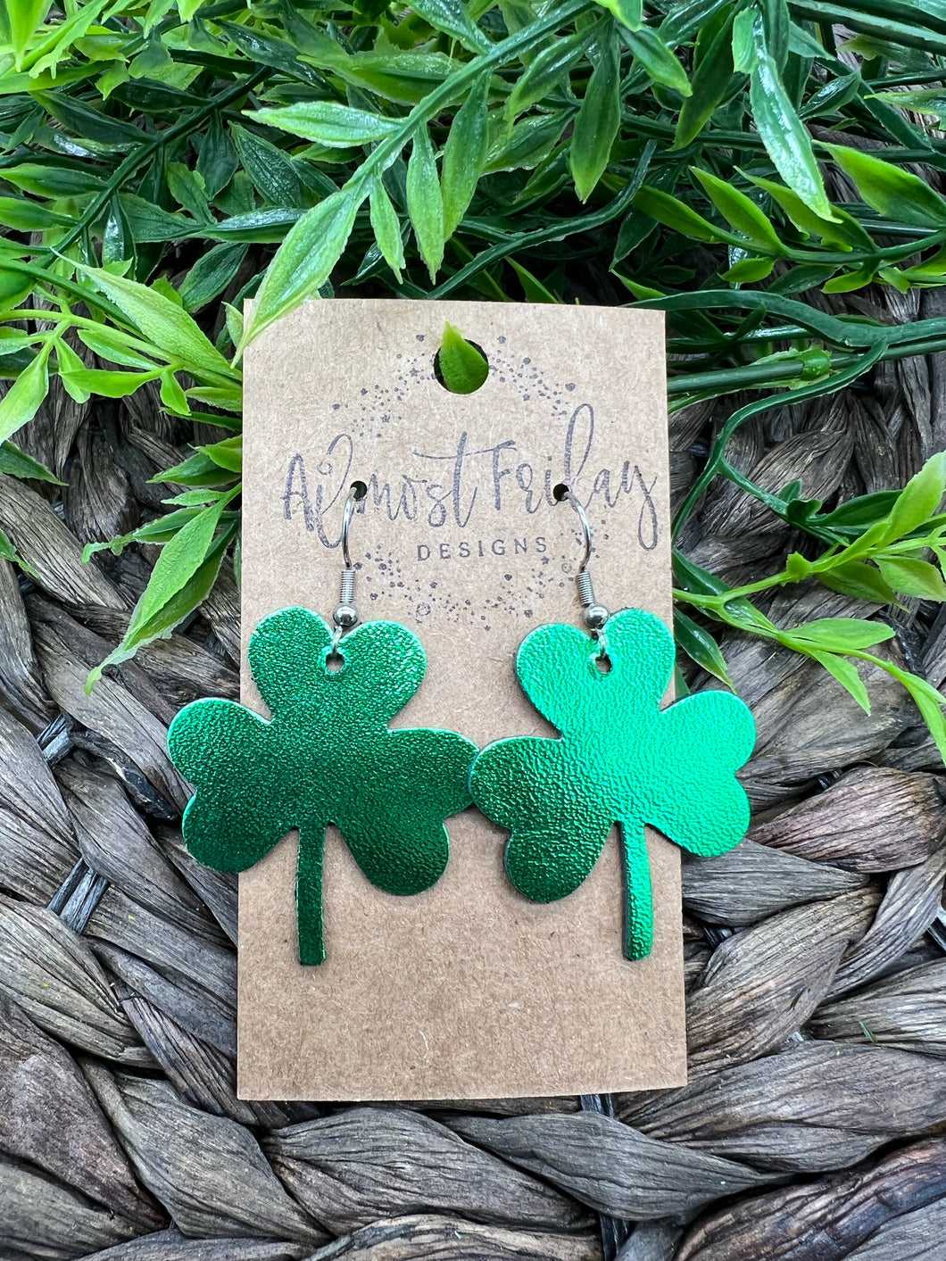 Genuine Leather Earrings - Saint Patrick's Day - Green Earrings - Three Leaf Clovers - Metallic Green - Metallic Leather - Clovers - Shamrocks - Statement Earrings