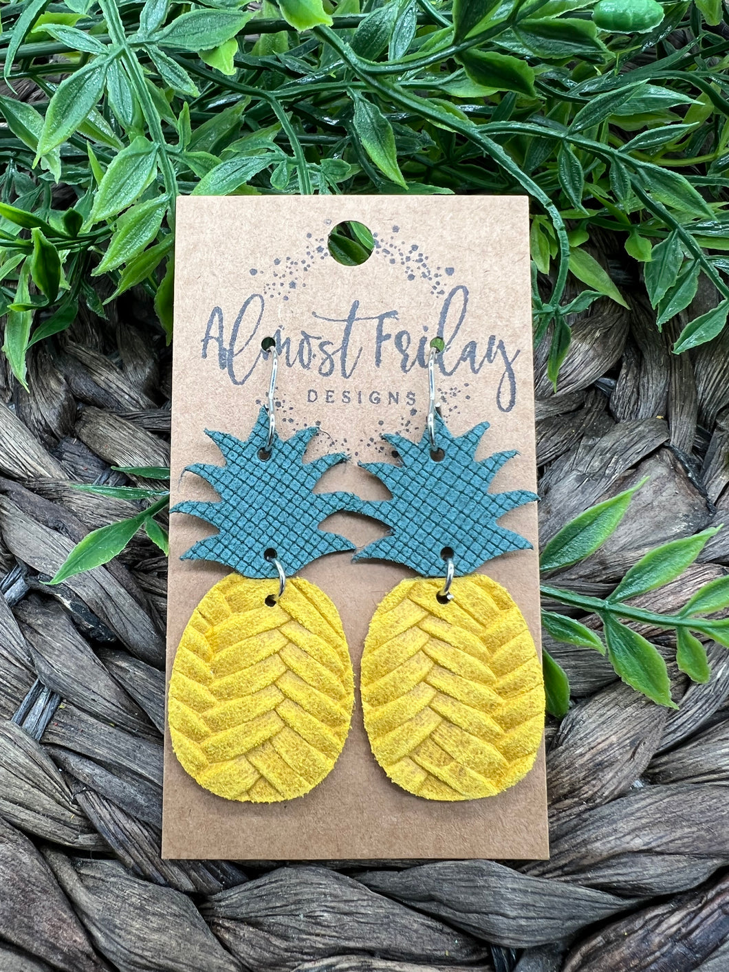 Genuine Leather Earrings - Pineapple Earrings - Yellow - Green - Textured Leather - Colorful - Summer Earrings - Statement Earrings
