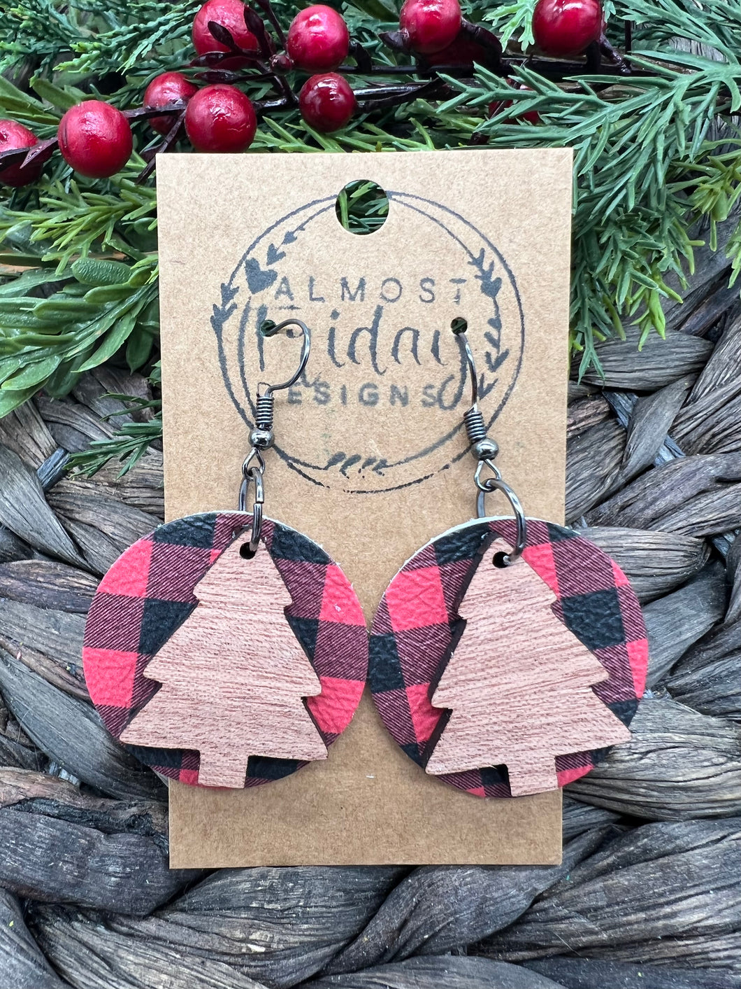 Wood Earrings - Genuine Leather - Christmas Tree - Round - Sapele - Buffalo Check - Christmas Earrings - Statement Earrings - Black and Red