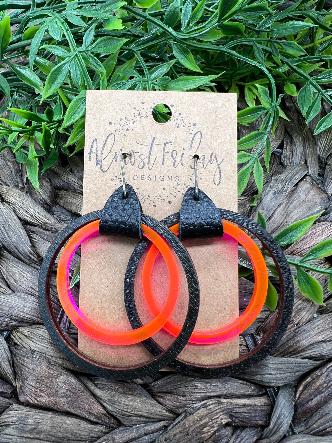 Wood Earrings - Genuine Leather - Acrylic - Neon - Pink - Natural Wood - Hoop Earrings - Hoops - Black and Pink - Statement Earrings