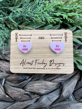Load image into Gallery viewer, Acrylic Earrings - Be Mine - Conversation Hearts - Studs - Heart Studs - Valentine&#39;s Day - Acrylic Studs - Purple Earrings
