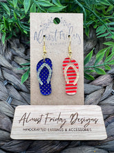 Load image into Gallery viewer, Acrylic Earrings - Red - Blue - Patriotic Earrings - Flip Flops - Summer Earrings - Stars and Stripes - 4th of July - Independence Day - USA - Olympics
