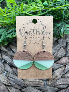 Wood Earrings - Circle - Round - Resin - Statement Earrings - Round - Green - Mint - Green - Walnut