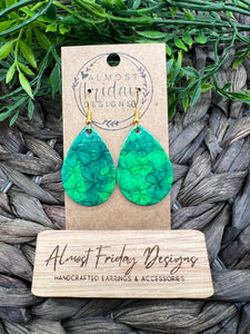 Genuine Leather Earrings - Teardrop - Saint Patrick's Day - Green - Three Leaf Clovers - Clovers - Shamrocks - Statement Earrings - Four Leaf Clovers