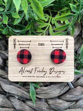 Load image into Gallery viewer, Wood Earrings - Stud Earrings - Round - Buffalo Check - Fall Earrings - Studs - Black and Red - Plaid
