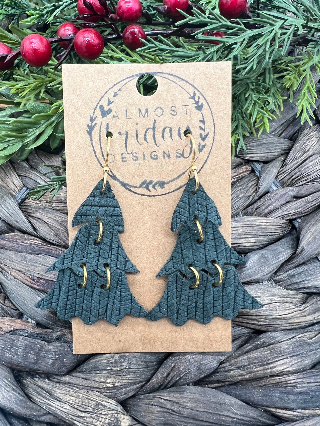 Genuine Leather Earrings - Christmas Trees - Christmas Earrings - Winter - Braided Leather - Statement Earrings